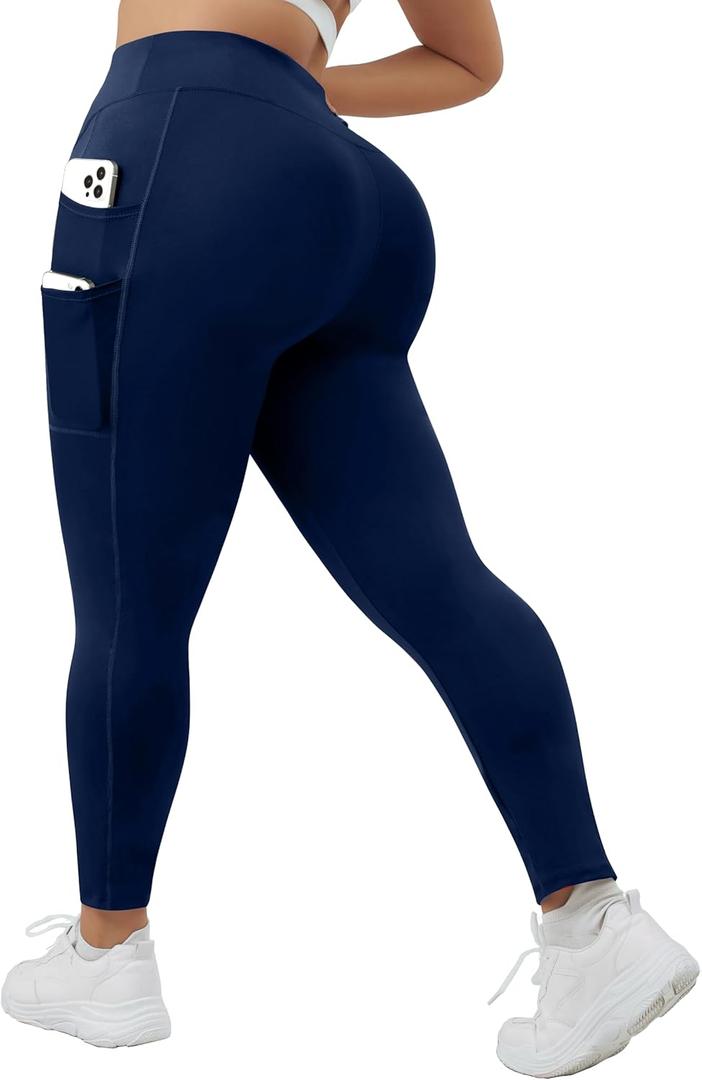 Plus Size High-Waist Yoga Pants for Women, 4-Pocket Tummy Control Butt-Lifting Workout Leggings (Blue, XL)