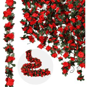 12 Pcs 100 ft Flower Garland Artificial Rose Vine with Green Leaves Hanging Artificial Flower Vines Ivy Garlands Wall Garden Decor for Room Wedding Birthday Arch Decor, (Red)