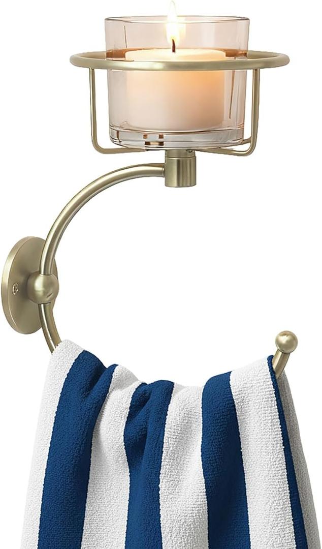 100% Solid Brass Hand Towel Holder for Bathroom Wall – Towel Ring with Candle Holder – Vintage Wall Candle Sconce Bathroom Decor – Antique Brass Towel Holder