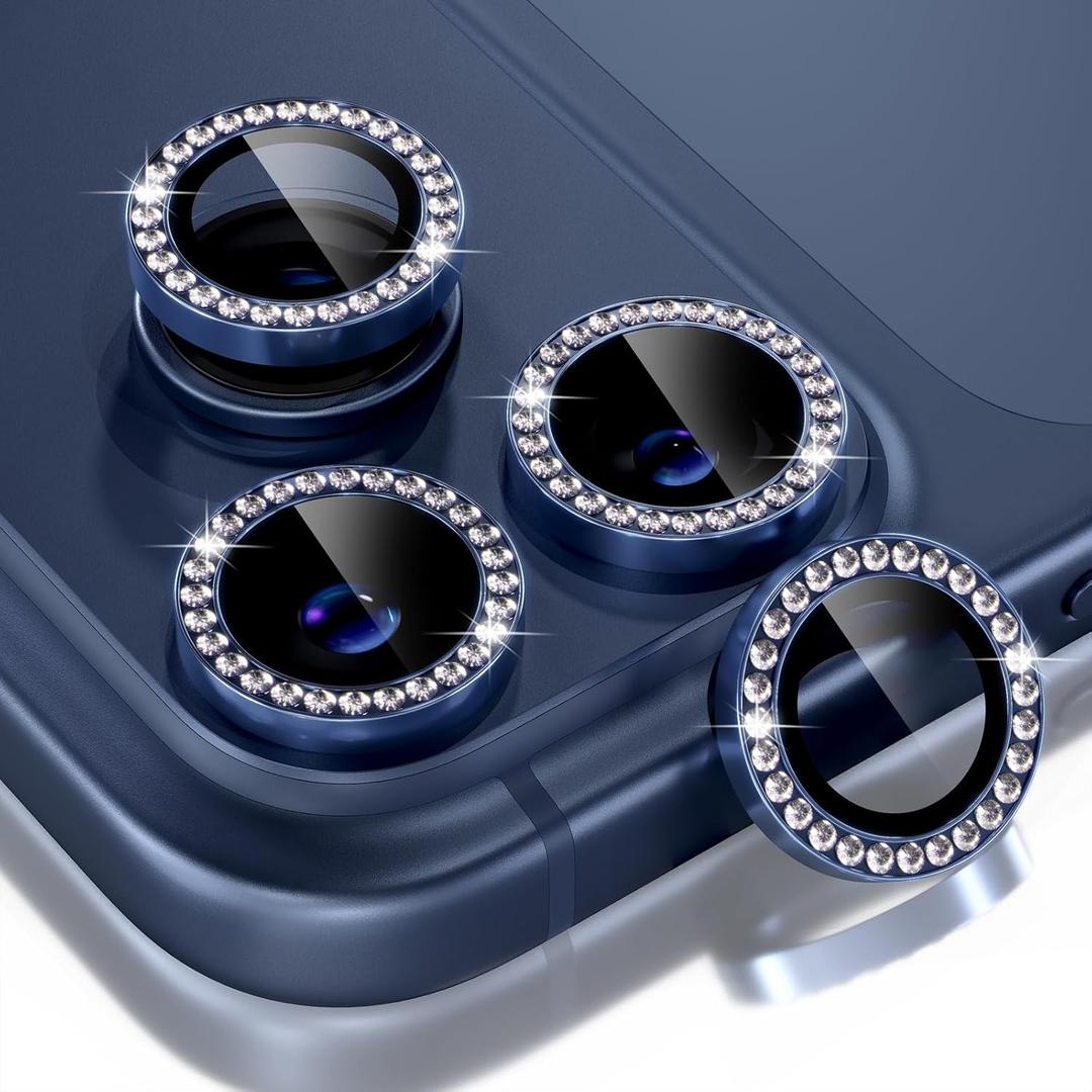 Choiche Compatible for iPhone 17 Pro/ iPhone 17 Pro Max Camera Lens Protector Bling, 9H Tempered Glass Camera Cover Screen Protector Metal Ring Decoration Accessories (Diamond-Blue)