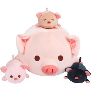 Achwishap Pig Stuffed Animal Mommy 19.6 with 3 Pig Babies Plush,4 PCS Cute Pig Plushie Pillow,Kawaii Plush Toys Soft Hugging Pillow for Kids Girls Boys Birthday Gifts for Valentines(Pink Pig Family)