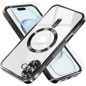 Misea Magnetic for iPhone 16 Plus Case Compatible with MagSafe [Never Yellowing] [Military Grade Drop Protection] Full Camera Lens Protector Plating Soft Clear Phone Case for Women 6.7", Black