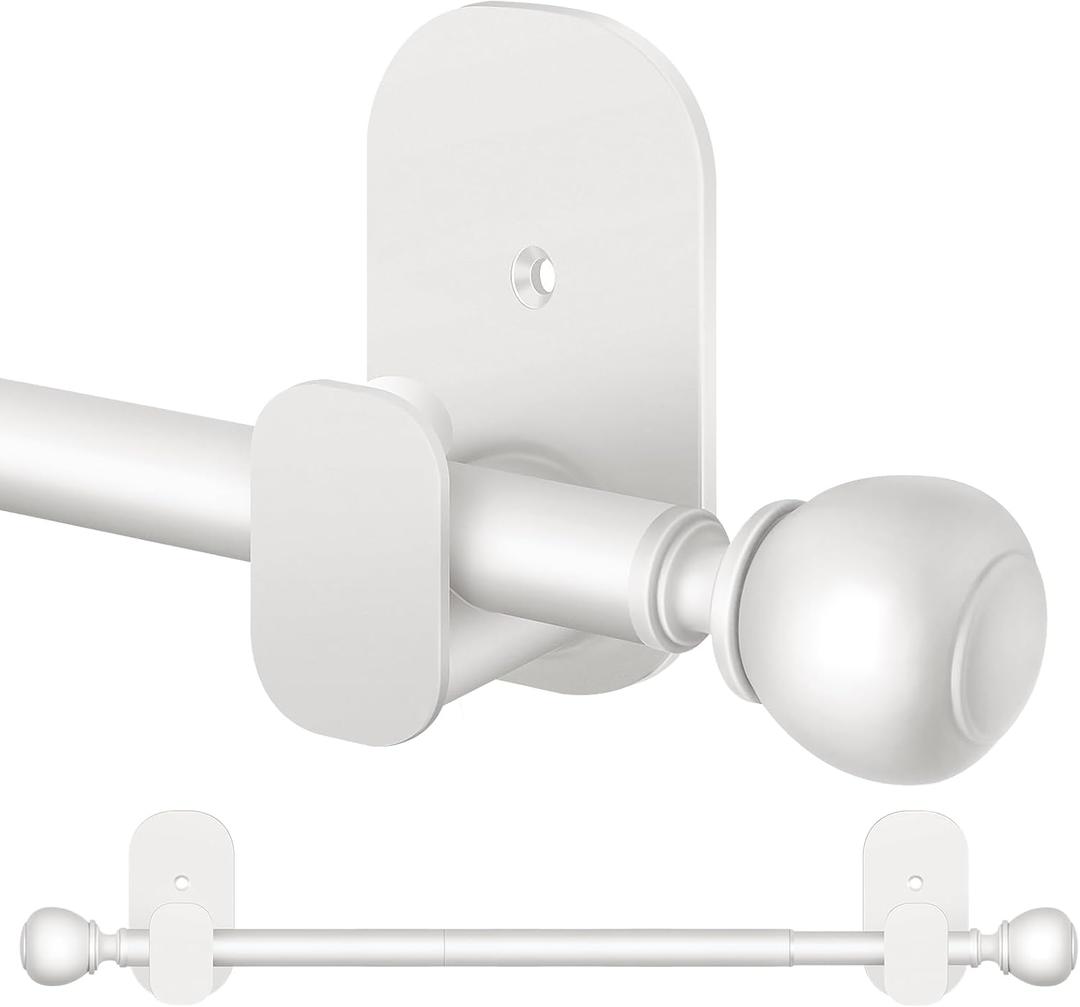Curtain Rods No Drilling 32 to 58 in, USFOOK 5/8 Inch No Drill Curtain Rods for Windows with 3M Adhesive Brackets, Renter Friendly Drapery Pole with White Round Finials