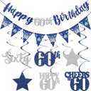 Blue Silver 60th Birthday Decorations for Men Women, Happy 60th Birthday Banner Stars Sixty Hanging Swirls Cheers to 60 Bday Decor Party Supplies Sign