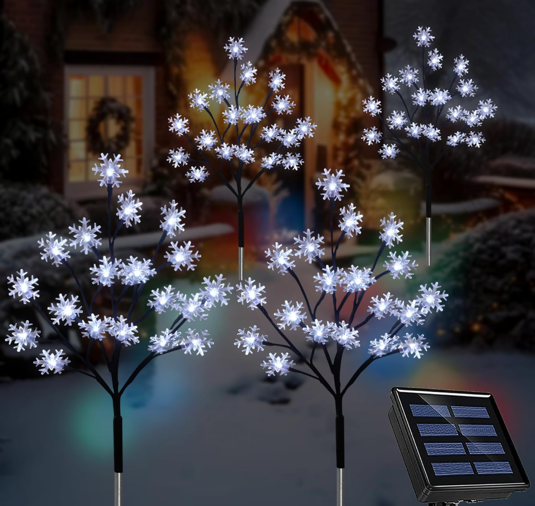 4-Pack 80LEDs Solar Christmas Snowflake Stake Lights, 8 Modes Solar Snowflake Christmas Decorations Outdoor Lights, Waterproof Outdoor Xmas Decorations for Garden Yard Pathway Walkway
