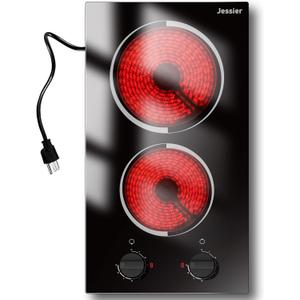 2 Burner Electric Cooktop - 12 Inch Plug in Portable 110V Electric Cook Top Two Burner, Built-in & Countertop Ceramic Stove Top with Knob Control, 9 Power Levels and Overheat Protection