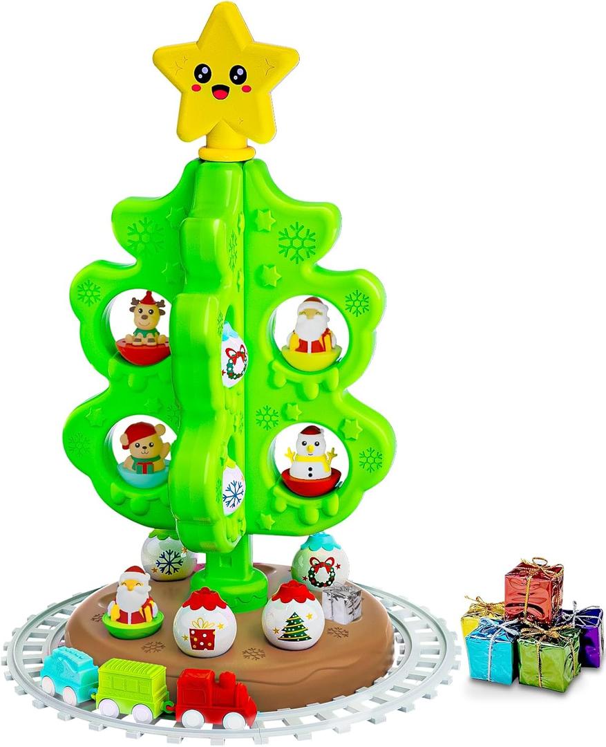 Montessori Inspired Christmas Activity Tree for Toddlers 1.5-3 Years - Sensory Toy with Roly Poly & DIY Train Track, Kids Interactive Holiday Tree Toy Set, Educational for Boys and Girls (Green)