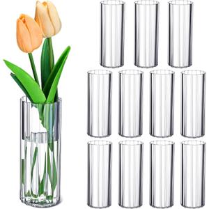 12 Pcs Plastic Small Cylinder Vases for Centerpieces Wedding Decoration, Clear Ribbed Bud Flower Vases Bulk for Wedding Bridal Shower Birthday Living Room Table Decor (5.5 Inch,Cylinder)