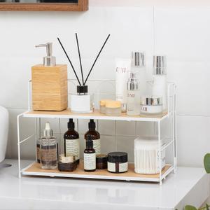 Bathroom Counter Organizer 10s Tool-Free Install, 2 Tier Bathroom Organizers and Storage, Collapsible Bathroom Organizer Countertop, Wood Bathroom Kitchen Countertop Organizer, White
