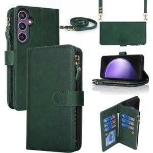 iCoverCase for Samsung Galaxy S23 FE Wallet Case with Card Holder, Kickstand Feature PU Leather Case with Adjustable Crossbody Lanyard Magnetic Clasp Zipper Pocket Flip Cover (Green)
