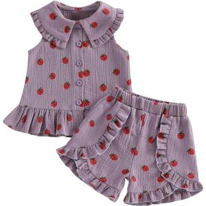 Baby Girl 2Pieces Outfit Strawberry Print Button Down Shirt Tops Cotton Shorts Toddler Little Girls Summer Clothes Set (Purple) Size: 4-5T
