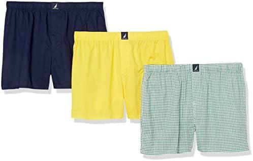 Nautica mens Cotton Woven 3 Pack Boxer  L, Color: Mari Gold/Peacoat/Check Ocean Greenery