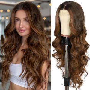 SAPPHIREWIGS Copper Brown Lace Front Wig for Women 13x4 Synthetic Lace Front Wigs Ready to Wear Pre-plucked Hairline Glueless Body Wavy Hair Daily Party Uses 26 Inch
