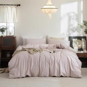 FOSSA Duvet Cover Set 100% Washed Cotton Linen Feel Super Soft Breathable Cozy 3 Pieces Bedding Sets Solid Greyish Pink Twin (Twin (68"  90"))