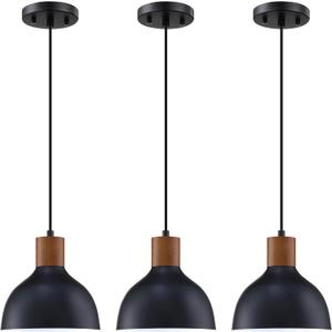 3 Pack 1 Light 8 Vintage Pendant Light Fixtures,Industrial Metal Hanging Light Rubber Wood Black Finish Pendant Lamp for Kitchen Island,Farmhouse Dining Room Over Sink
