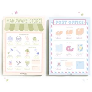 2 x Pretend Play Menu Notepads for Kids  Tool Set, Post Office and Gardening Kit Accessories for Children and Toddlers 3-5 - Playtime Pads for Kids, Cash Register Receipt Toy for Girls and Boys