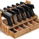 Pistol Rack Gun Safe, Real Wood Handgun Rack Holder for Gun Cabinet Accessories, Rustic Style Gun Rack Organizer for Nightstand, Gifts for Men (Carbonized Brown (6 Slot))