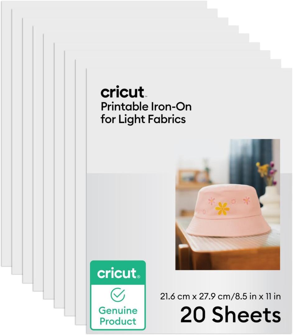Cricut Printable Iron-On for Light Fabrics, 20 sheets (8.5" x 11") - Print HTV Compatible with Inkjet Printers - For Joy Xtra, Explore, & Maker Machines