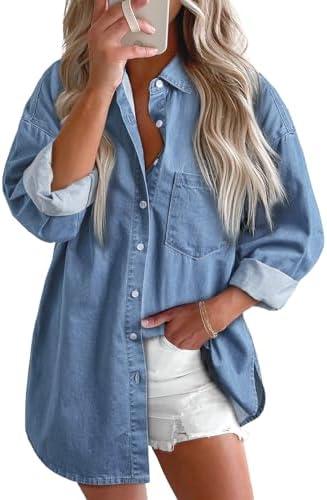 Astylish Women Denim Shirts Button Down Blouse V Neck Casual Tops, L