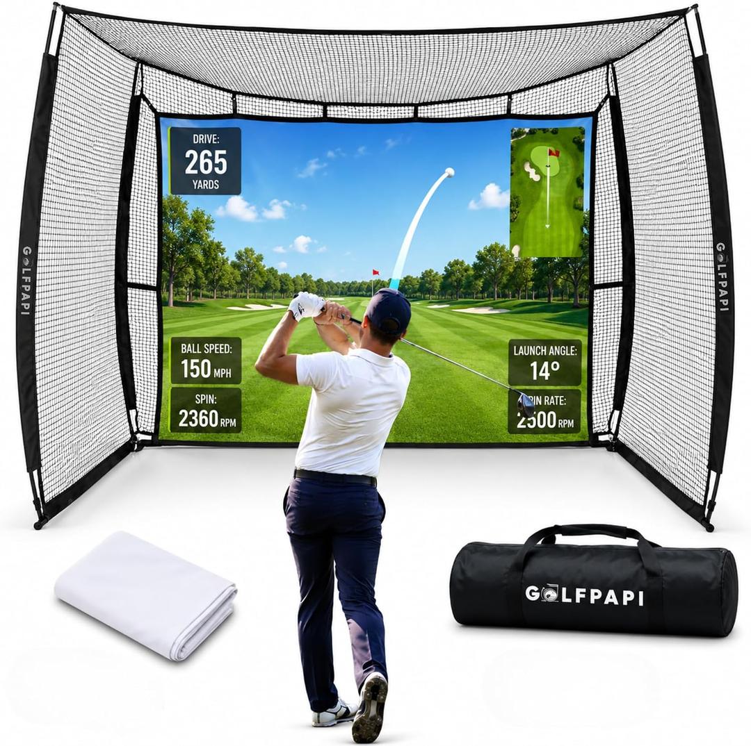 Mobile Golf Simulator Net 10ft Compact Practice Net with Steel Frame & Impact Screen Indoor & Outdoor Golf Training for Backyard, Garage & Home Sim Setup, Style: With Simulator Screen