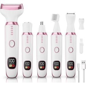 Electric Razor Shavers for Women 5 in 1 Electric Shaver for Women,Cordless Replaceable Facial Eyebrow Razors & Nose Hair Trimmer, Wet Dry Bikini Trimmer Pubic Hair Removal Gifts for Womens 3028A White