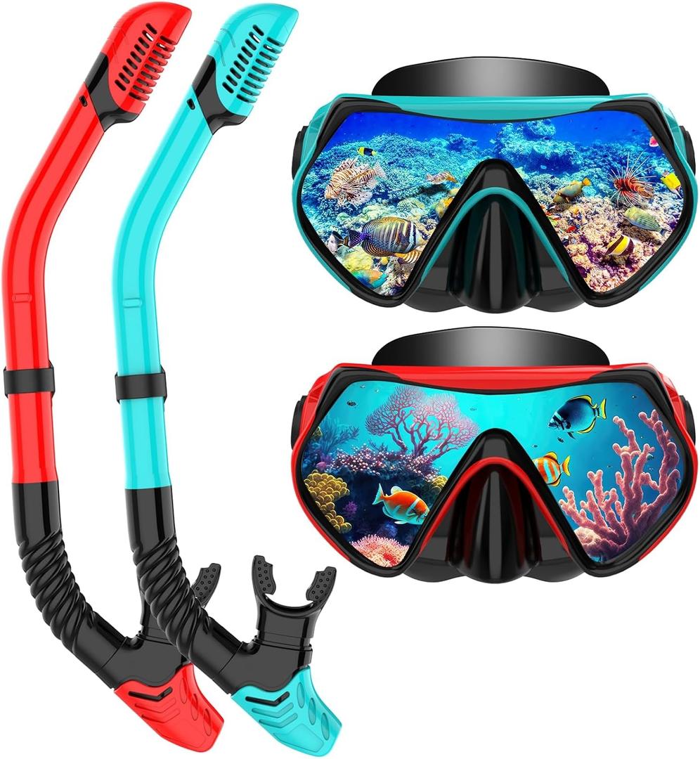 Snorkeling Gear for Adults, Dry-Top Snorkel Set Scuba Diving mask, 180Panoramic Wide View Professional Snorkeling Gear Breathing Freely Snorkel Mask (Green+Red)