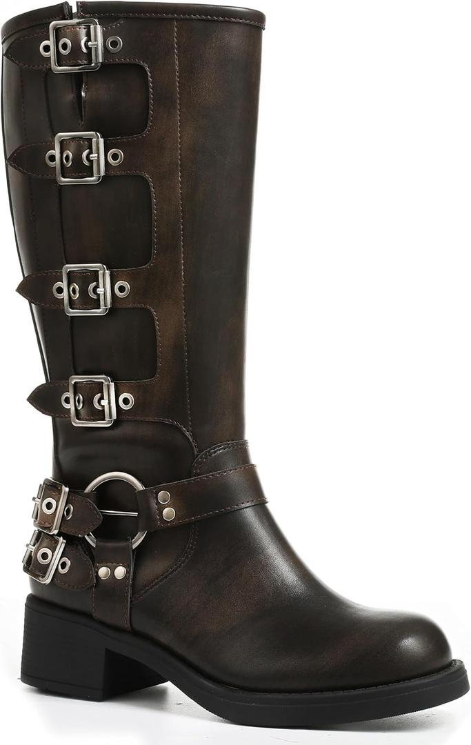 AMINUGAL Knee High Boots Women Square Toe Pull On Wide Calf Riding Fashion Buckles Chunky Metallic Casual Vintage Buckle Rivet (7)
