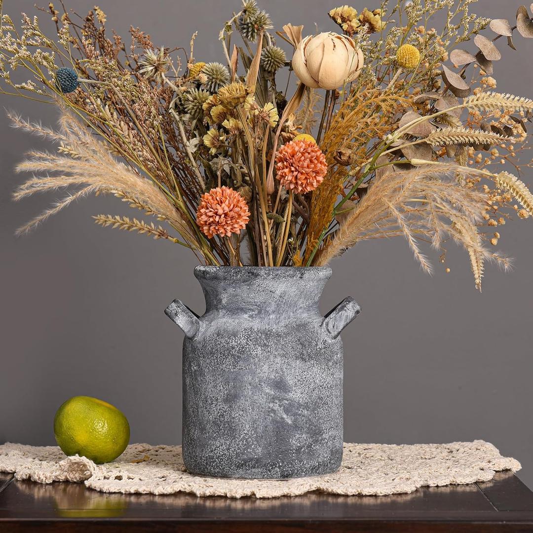 Quoowiit Ceramic Rustic Farmhouse Vase, Distressed Decorative Flower Vases for Home Decor, Ideal Shelf Decor, Black Boho Vase for Living Room Bedroom Kitchen Office Centerpiece Table Decorations (6 Inch-grey)