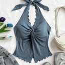 QJQ Women's Halter Tops Twist Front Slit Backless Cute Summer V Neck Tank Top Vacation Outfits (Blue, XL)