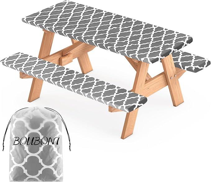 3 Pcs Set Fitted Picnic Table Cover with Bench Covers Vinyl Camping Table Cloth Flannel Backing Picnic Table Cloth for 6ft Tables Camping Outdoor (Blue Morocco, 30 x 72 Inches) (Blue and White Moroccan)