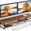 Dual Monitor Stand, 35.4 Inch Monitor Stand Riser for 2 Monitors, 2 Tiers Wood Desk Shelf with Storage, Desktop Organizer Stand for Computer, Laptop, Printer, TV (Walnut, 35.4in)