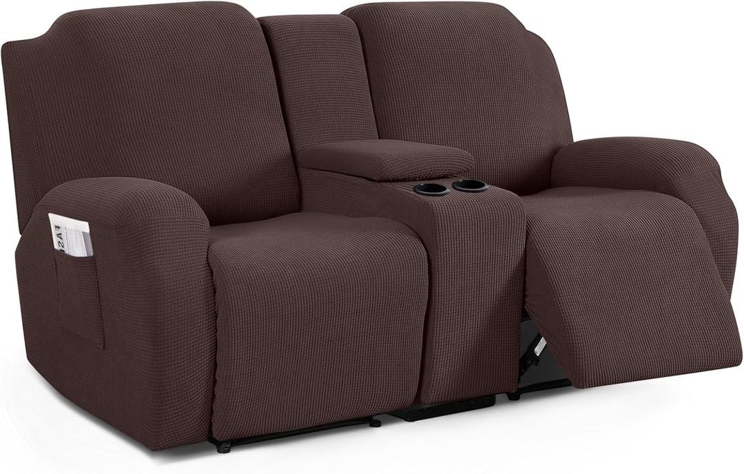 TAOCOCO Loveseat Recliner Cover with Middle Console, Stretch Loveseat Cover for 2 Seat Recliner Couch, Jacquard Reclining Sofa Covers Loveseat Slipcover Furniture Protector, Dark Coffee