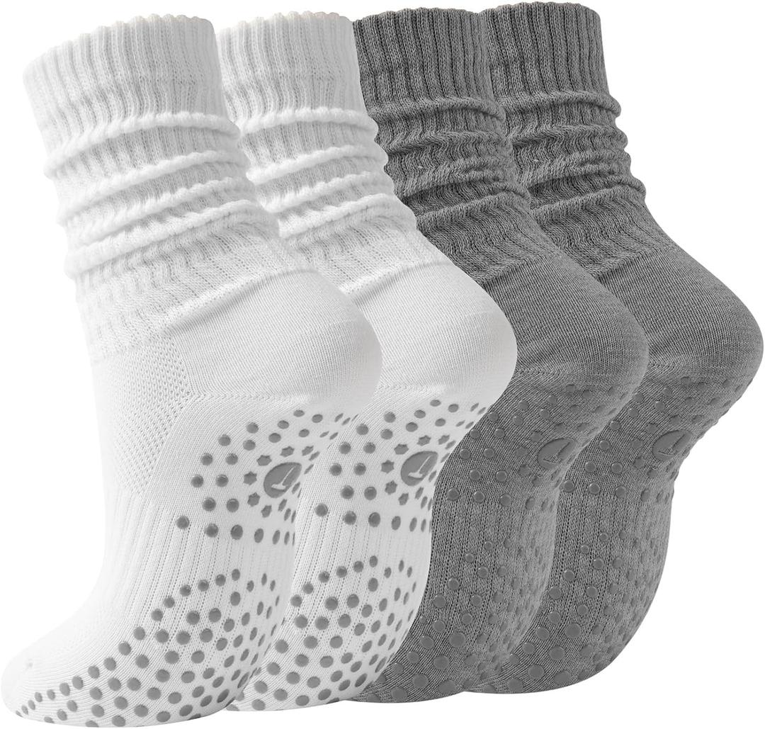 Pilates Slouch Crew Socks for Women, Grip Yoga Socks with Non Slip Grippers for Barre Ballet Dance Hospital Workout