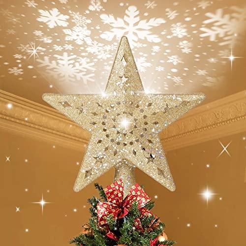 BLOOMWIN Christmas Tree Topper Lighted with Snowflake Projector, LED Rotating Hollow Snowflake, 3D Glitter Lighted Gold Star Tree Topper for Xmas Tree Festival Decorations Lights