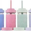 Elk and Friends Kids + Toddler Glass Cups | The Original 12oz Glass Mason Jar with Sleeves + Lids | Silicone Straws + Stopper | Smoothie Cup | Food Storage | Spill Resistant | Dishwasher Safe | 4 Pack (Sage/Blush/MistyBlue/Lilac)