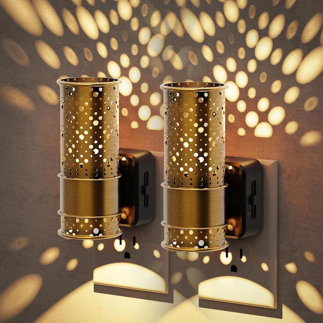 JandCase Night Lights Plug into Wall, Aesthetic Nightlight with Metal Shade, 3000K Warm White 0-100LM Adjustable Brightness, Dusk to Dawn Sensor Plug in Night Light for Bathroom Hallway[2 Pack]