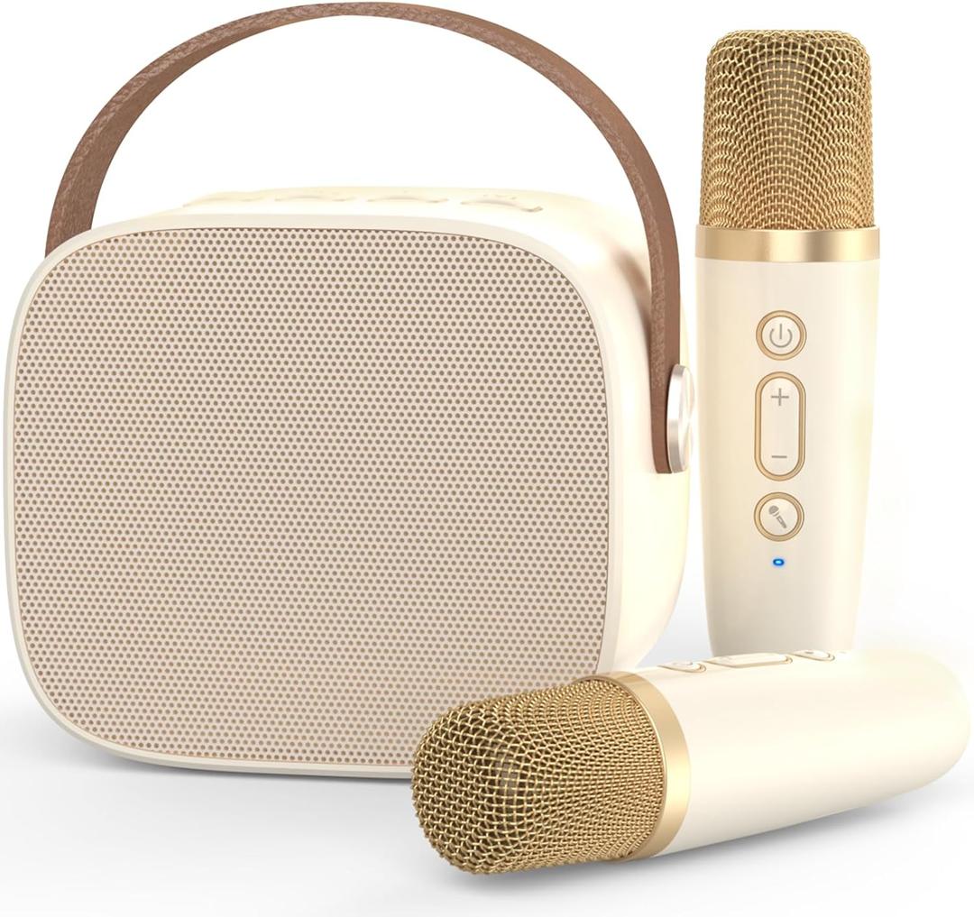 Mini Karaoke Machine Microphone,Fun Toys Christmas Birthday Gifts for Adult Kids/Toddler Boys Girls 3 4 5 6 7 8 9 10 11 12+,Portable Bluetooth Speaker with 2 Wireless Microphone (Beige 2 Mics)