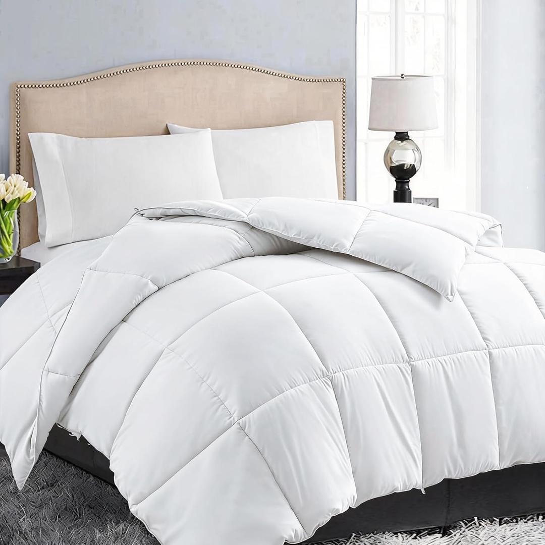EASELAND Down Alternative Comforter King Size - Quilted Duvet Insert for All Seasons, Soft Cozy with Corner Tabs, Summer Winter Warm Bedding, Pure White 90x102