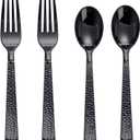 KIRE 400PCS Black Plastic Spoons and Forks Disposable - Black Plastic Silverware Set Disposable Cutlery - 200 Forks, 200 Spoons for New Year/Wedding