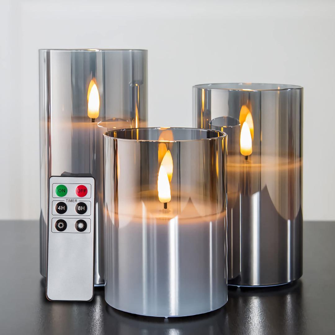 Eywamage Smoke Grey Glass Flameless Pillar Candles with Remote, Flickering LED Battery Candles Table Decor Set of 2