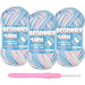 2 x 3 Pack Beginners Crochet Yarn, Yarn for Crocheting Knitting Beginners, Easy-to-See Stitches, Chunky Thick Bulky Cotton Soft Yarn for Crocheting (3x50g) (Gradient Blue)