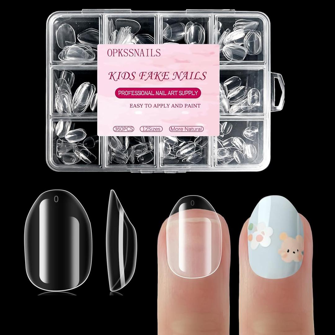 OPkssnails Extra Short Almond Kid Nail Tips,360Pcs Soft Gel Nail Tips Pre-Shaped Press On Nails For Kids,Clear Acrylic Half Matte Full Cover Fake Nail For Kids DIY Extension & Salon Use12 Sizes
