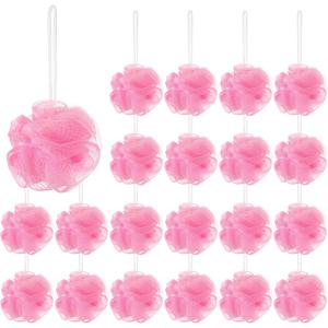 Shellwei 24 Pcs 3 Inch Mini Loofah Travel Size Bulk Shower Sponge Pouf Mesh for Women Kids Men Exfoliating Body Scrubber Baby Shower Favor(Pink)