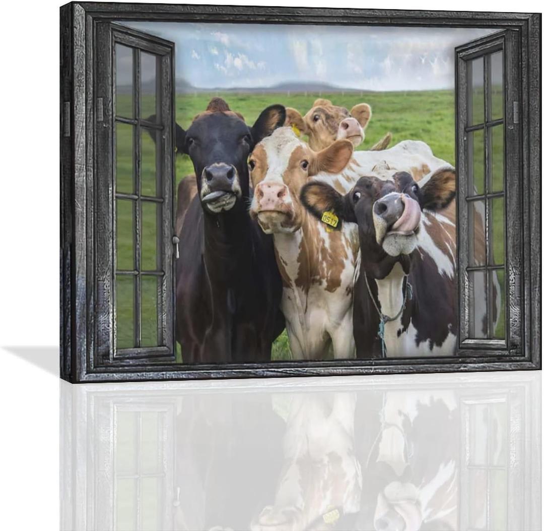 exroozy Rustic Cow Wall Art Funny Cows Window Pictures Wall Decor Farmhouse Cow Canvas Painting Print Modern Artwork Country Room Decor Framed Ready to Hang for Living Room Bathroom Office 20"x16"