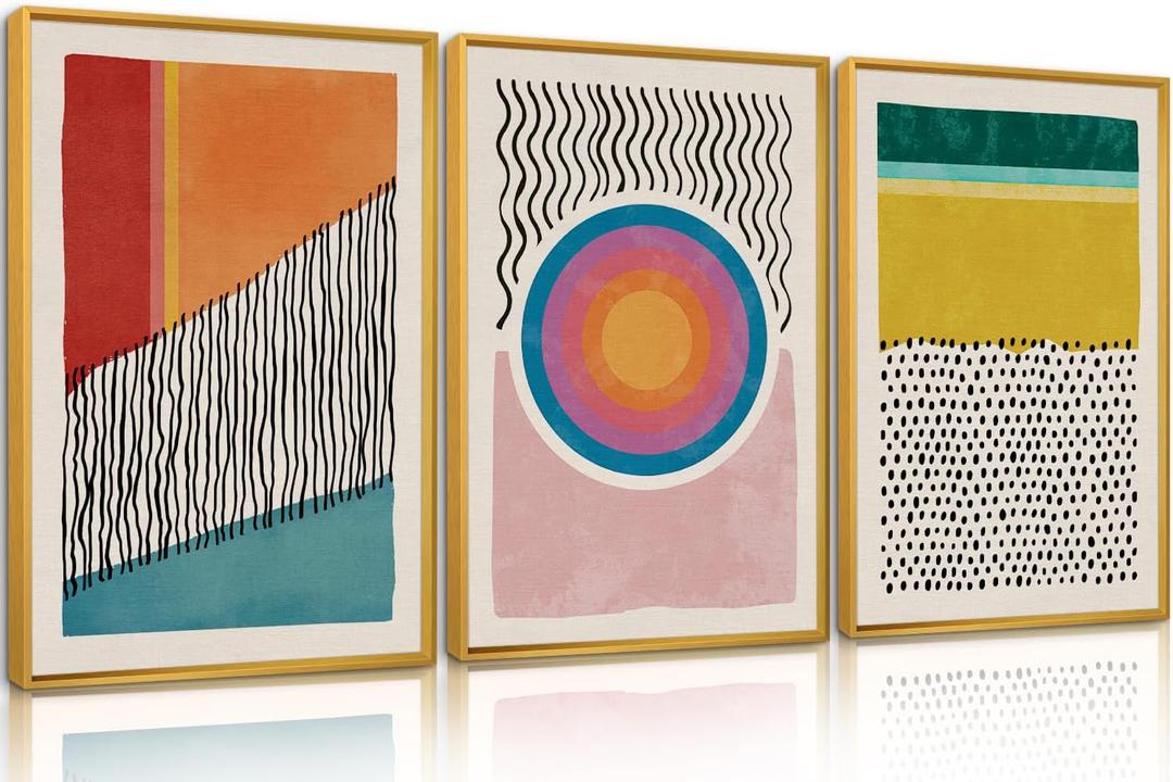HPINUB Boho Framed Canvas Prints Wall Art Set, Mid-Century Abstract Color Block Shape Wall Decor, Geometric Illustrations Art Photos for Living Room, Bedroom, Dining Room, Office, Bathroom - 16"x24"x3