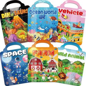 6Set Puffy Sticker Books for Kids 2-4, 3D Reusable Stickers Books for Toddlers 1-3,2-4,Farm+Animal+Dinosaurs+Ocean World+Space+Vehicle