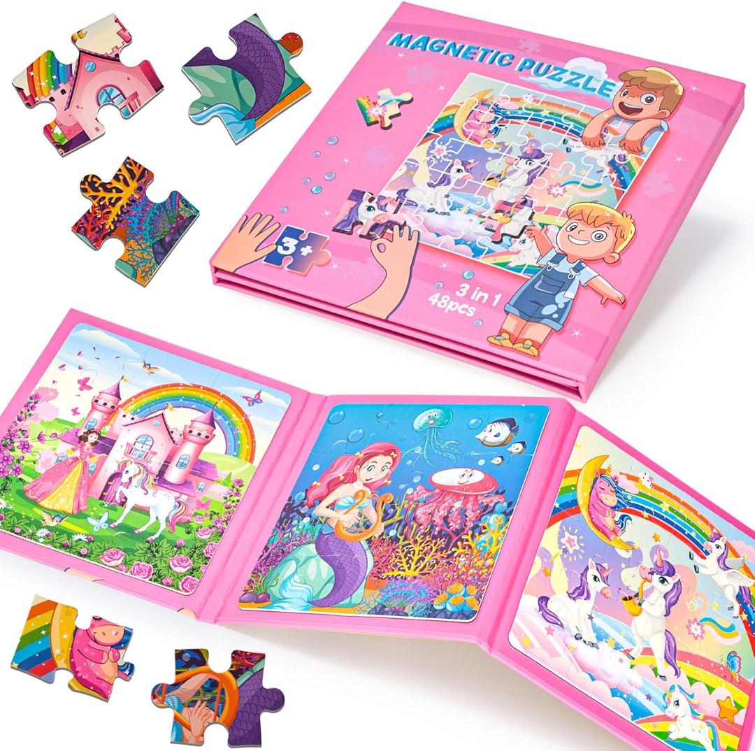 LovesTown Magnetic Puzzles for Toddlers, Educational 3-in-1 Fairytale Travel Puzzle Book, Learning Magnets for Kids, 48 PCS