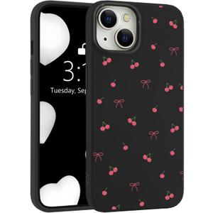 For iPhone 14 Case, Cute Kawaii Cherry Bow Black Liquid Silicone Phone Case Slim Fit Soft Gel Rubber Protective Phone Cover for Women Girls