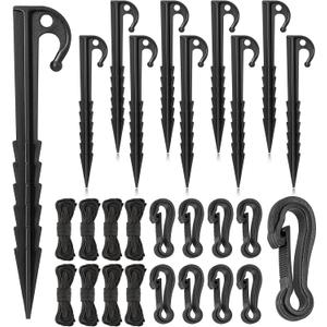 JULMELON 24 Pieces Plastic Inflatable Stakes Set, Include Tent Stakes, Tethers Ropes and Hooks Heavy Duty Yard Ground Lawn Stakes for Halloween Christmas Holiday Outdoor Decorations