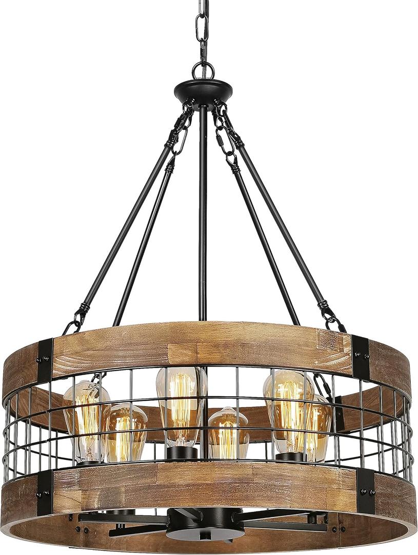 6-Light Farmhouse Chandelier for Entryway, Rustic Dining Room Light Fixtures, Industrial Drum Hanging Lighting for Kitchen Island Foyer, Black Wood and Black Metal Finish (21.7''(D) / 6-Light)